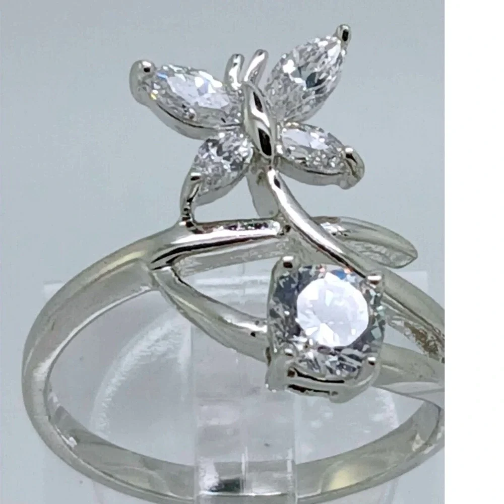 Vintage 1990s‎ Butterfly Bypass Ring Silver Tone Marquise Round Stones Size 7.5